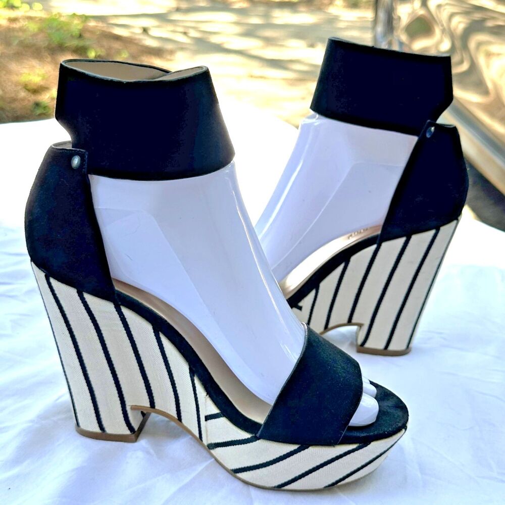 See By Chloe Black/Cream Stripe Size 37 Wedge Heels Shoes w/Ankle Strap